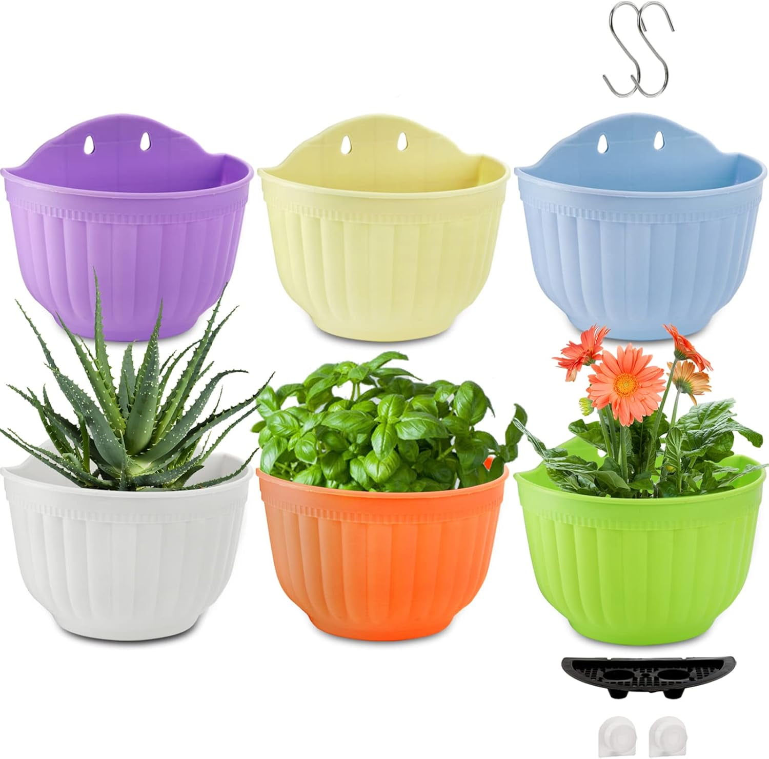 6 Pack Wall Planter Hanging Flower Pot, Window Hang Indoor Outdoor Plant Basket for Fence, Railing Resin Pots with S Hooks and Drainage Meshes, Half Round Herb Holders for Garden