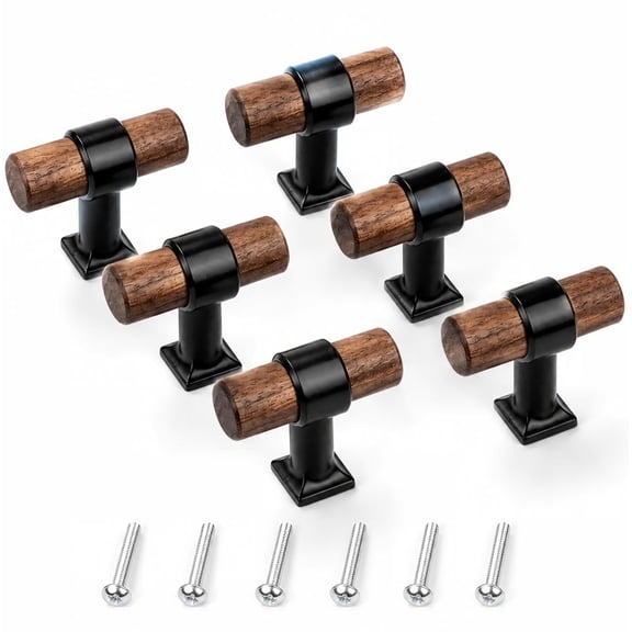 6 Pack Walnut Wood Cabinet Knobs T Bar Handles, Solid Wood Drawer Pulls with Zinc Alloy Base, Modern Rustic Furniture Handles for Kitchen Doorknob Dresser Wardrobe with Screws