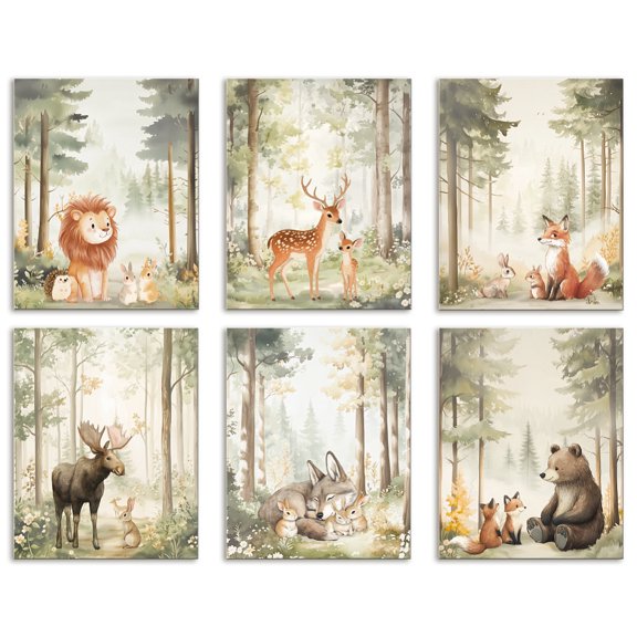 6 Pack Watercolor Forest Animals Unframed Waterproof Canvas Wall Art Decor 8" x 10" Fox Bear Deer Rabbit Wolf Lion Canvas Wall Poster for Living Room
