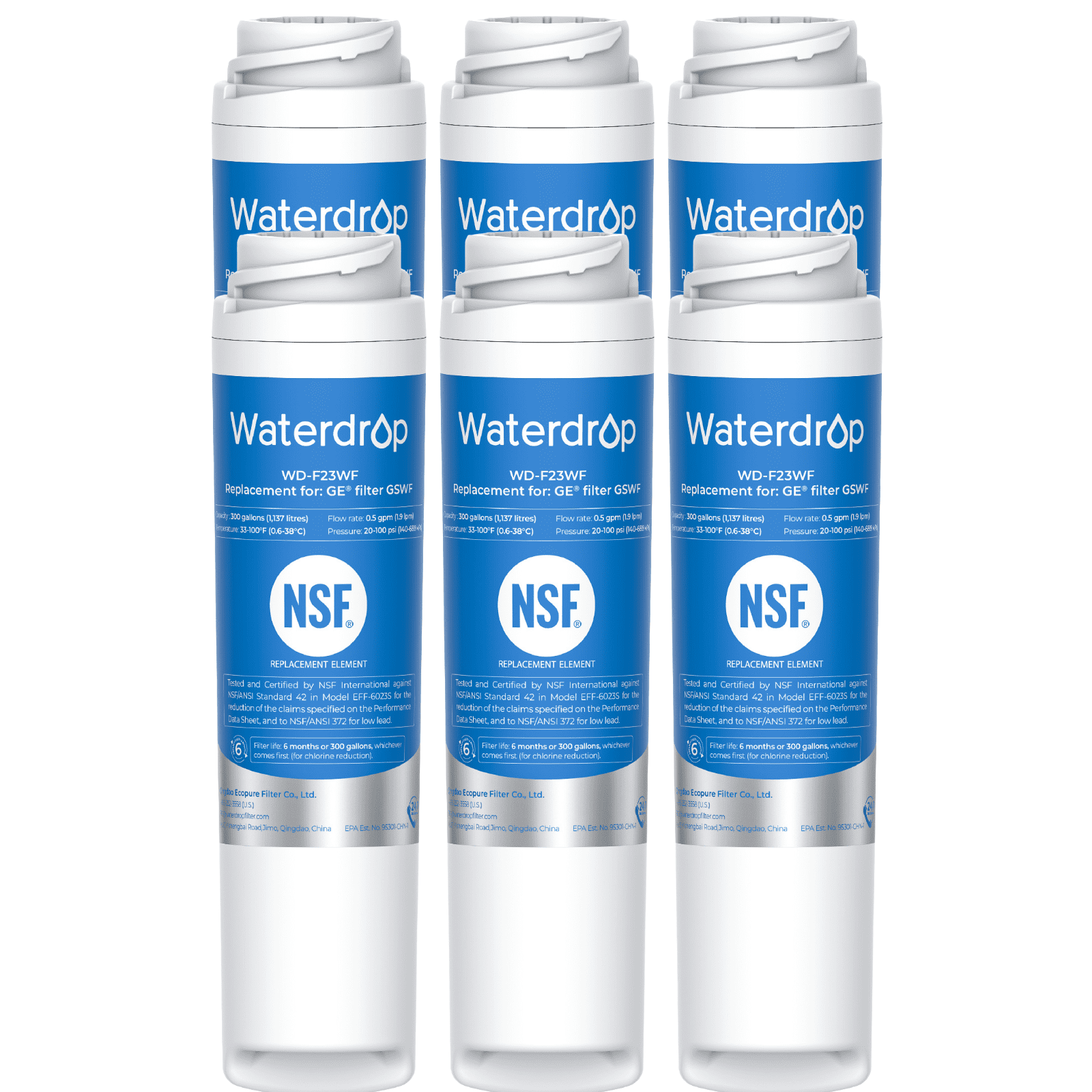 (6 Pack) Waterdrop GSWF Refrigerator Water Filter, Replacement for GE® GSWF Smart Water 238C2334P001, GSWFDS, 100749-C, Kenmore 46-9914, 469914, 9914 Refrigerator Water Filter