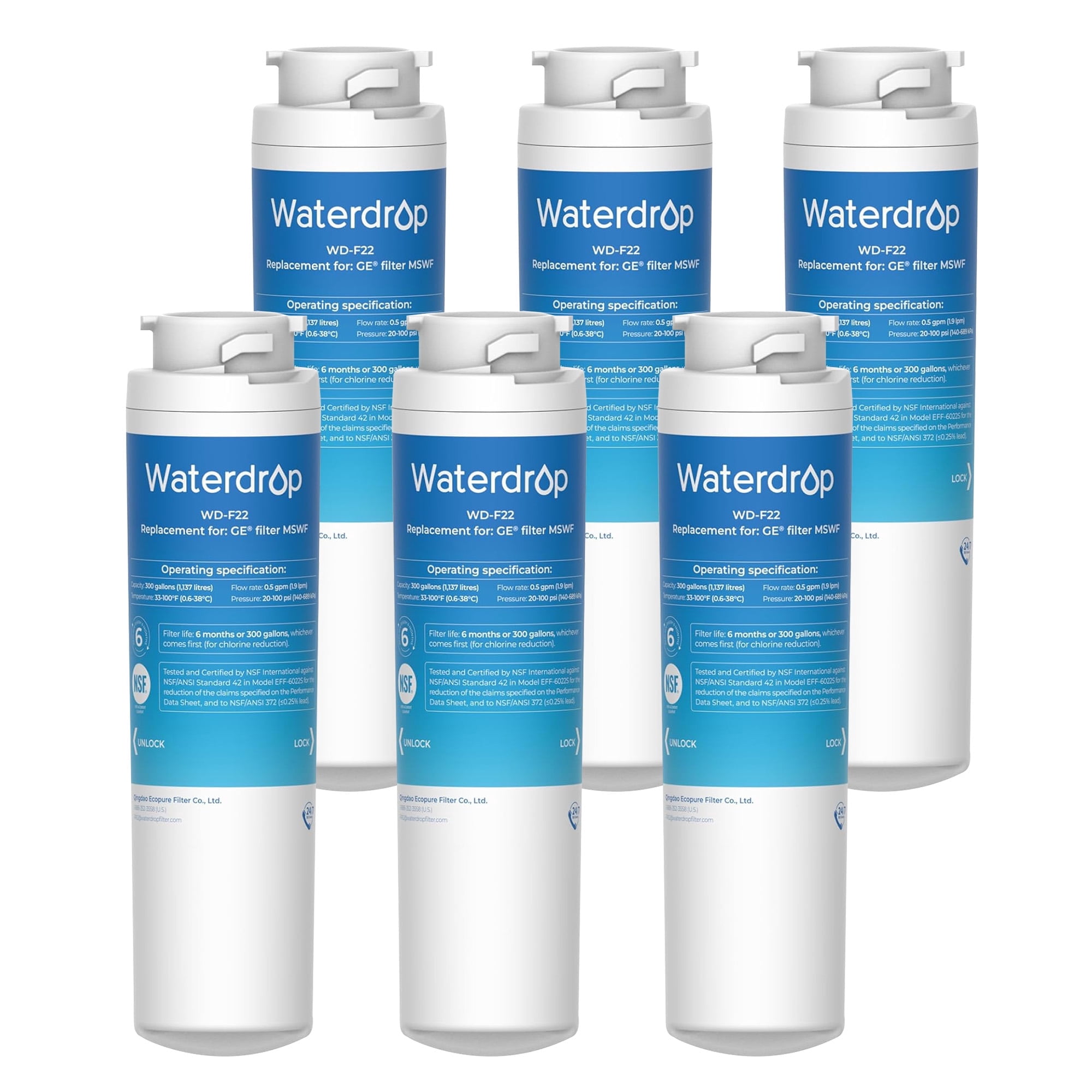Waterdrop MSWF Refrigerator Water Filter, Replacement for GE® MSWF, 101820A, 101821B, RWF1500A, NSF 42&372 Certified, Pack of 6 (Package May Vary)