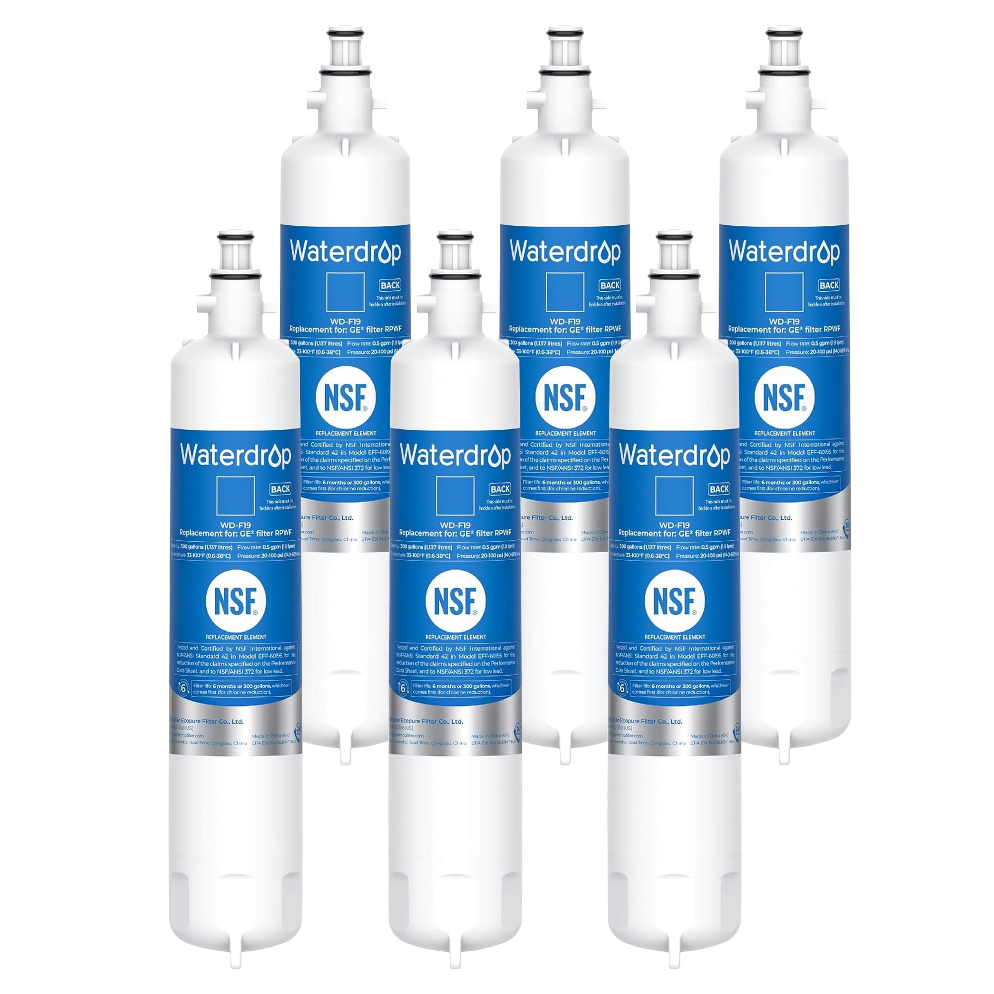 Waterdrop RPWF Refrigerator Water Filter (NOT RPWFE), Replacement for GE® RPWF, WD-F19, DWF-36, R-3600, MPF15350, OPFG3-RF300, WF277, RWF1063, RWF3600A, WSG-4, 6 Pack