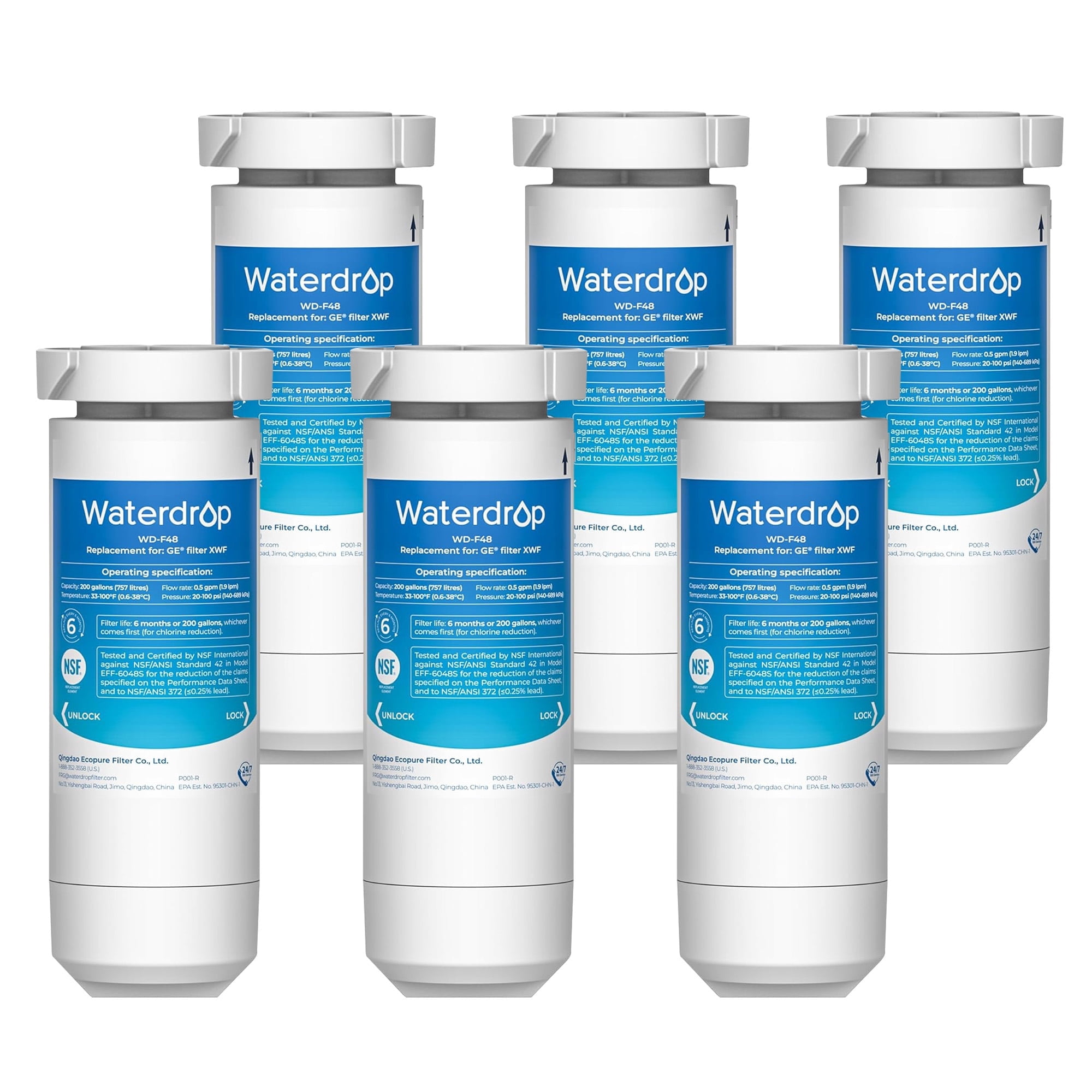 Waterdrop XWF Refrigerator Water Filter, Replacement for GE® WR17X30702, NSF 42/372 Certified, Compatible with GNE27, GFE26, GDE25, GSS25, PSE25 Series Refrigerators, 6-Pack (Not XWFE®)