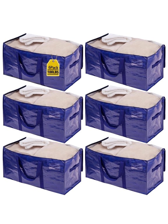 6 pack XL Moving Bags with Zippers & Handles, Heavy Duty Storage Totes, Blue