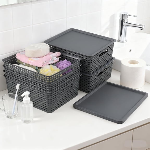 6 Pack Weave Storage Baskets with Lids Plastic Stackable Organizer for Home Office Gray