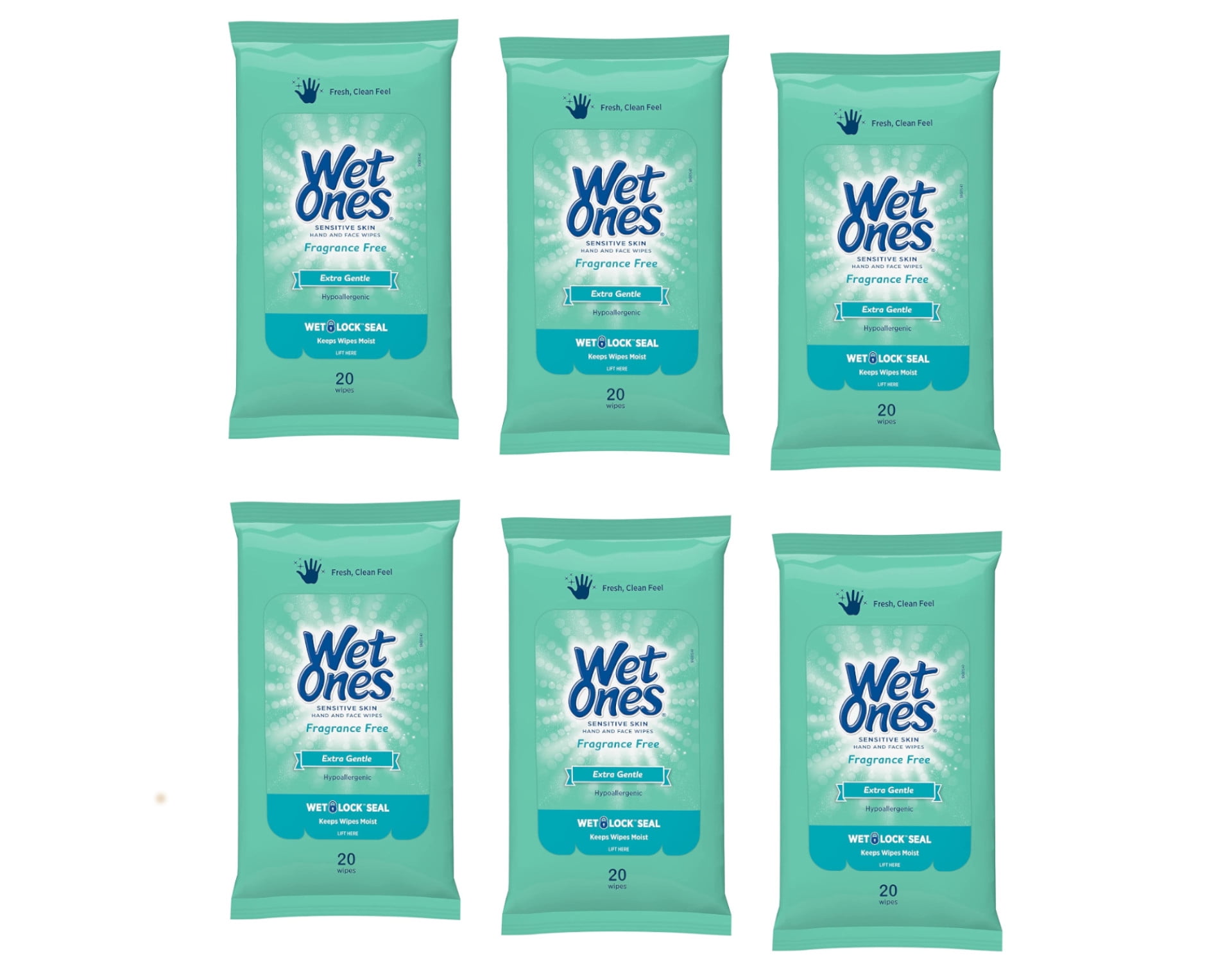 6 Pack Wet Ones Sensitive Skin Hand Wipes Travel Pack, Fragrance Free, 20 Ct