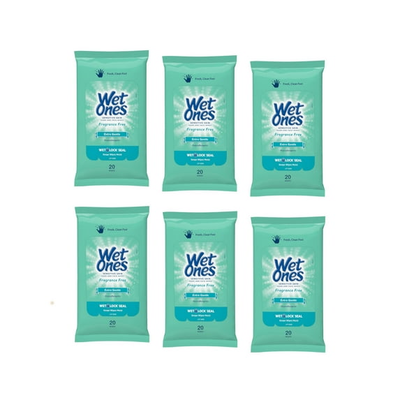 6 Pack Wet Ones Sensitive Skin Hand Wipes Travel Pack, Fragrance Free, 20 Ct