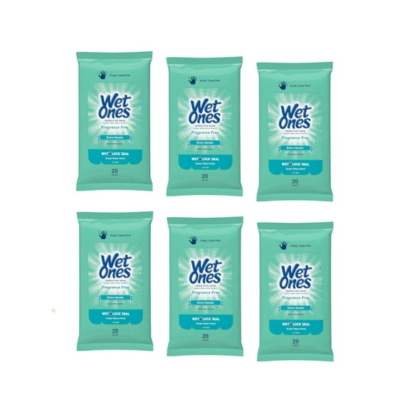 6 Pack Wet Ones Sensitive Skin Hand Wipes Travel Pack, Fragrance Free, 20 Ct