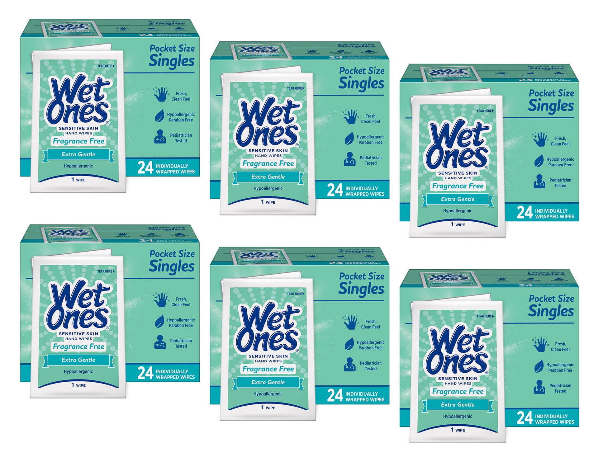 6 Pack Wet Ones Sensitive Skin Hand Wipes Unscented Individually Wrapped 24 Each