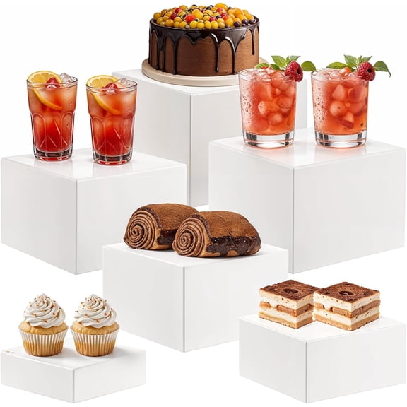 6 Pack White Acrylic Buffet Risers, Acrylic Boxes for Display with Hollow Bottoms, Dessert Display Stands, White Risers for Display for Food, Jewelry, Candy,Cake, Cupcakes & Sushi(6 Sizes)