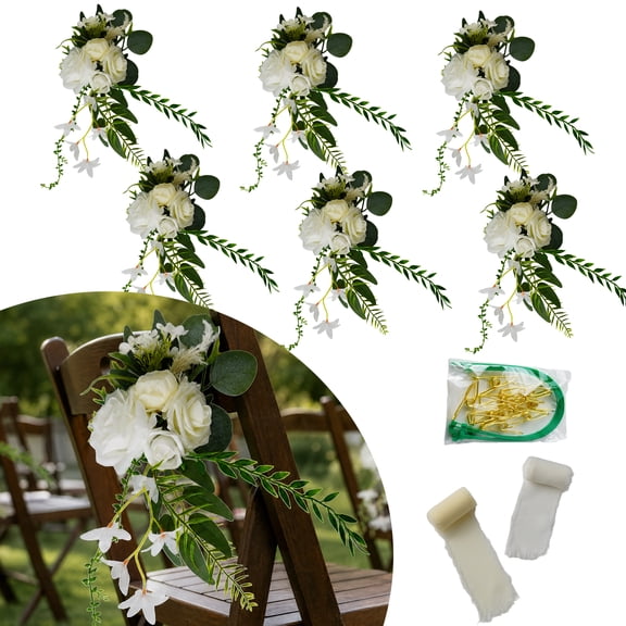 6-Pack White Artificial Flower Chair Back Decor, Wedding Aisle Chair Decorations with Ribbons and Fastening Accessories