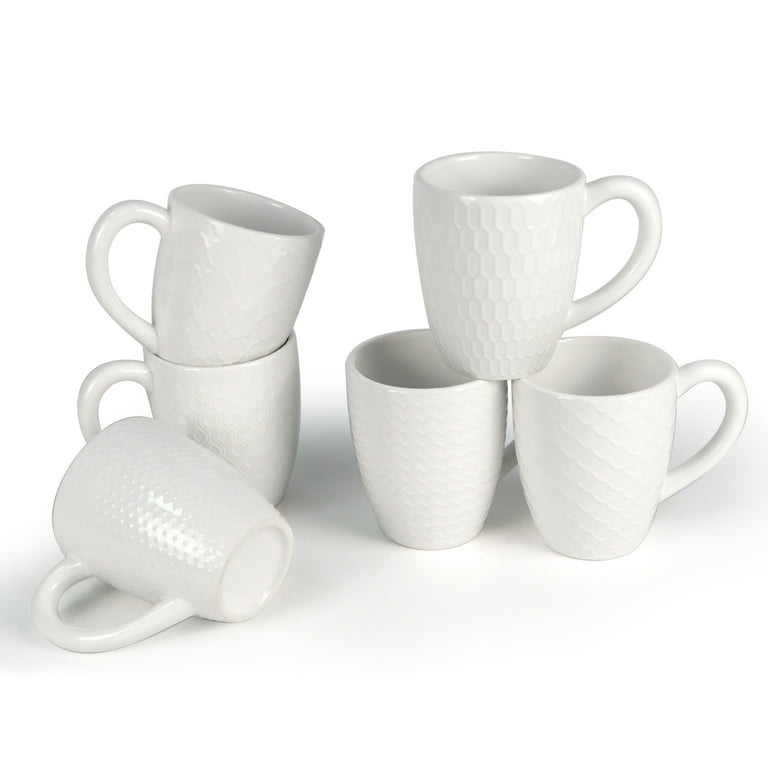6 Pack White Ceramic Coffee Mugs, Embossed Cups for Coffee
