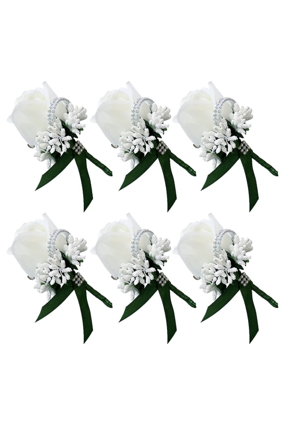 6-Pack White Green Silk Rose Wedding Corsage with Rhinestones - Elegant Floral Brooch Pin & Clip for Bridesmaids, Bride, Groomsmen, Wedding Party Decorations