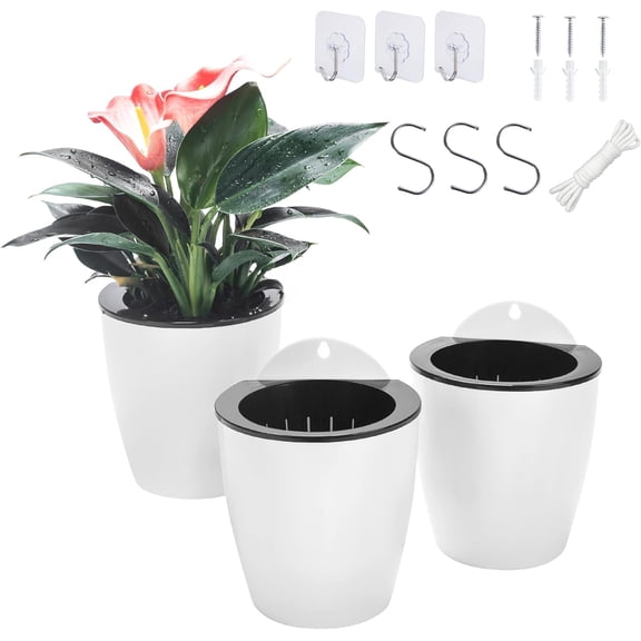 6 Pack White Hanging Planter Pots Self Watering Vertical Garden Wall Mount Window Hang Round Plastic Container Indoor Outdoor for Plants Flowers Succulent Kitchen Living Herbs Holder Decor