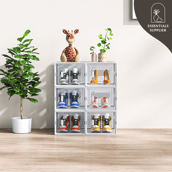 6-Pack White Plastic Mesh Shoe Boxes  35x25x19cm Modular Storage Set