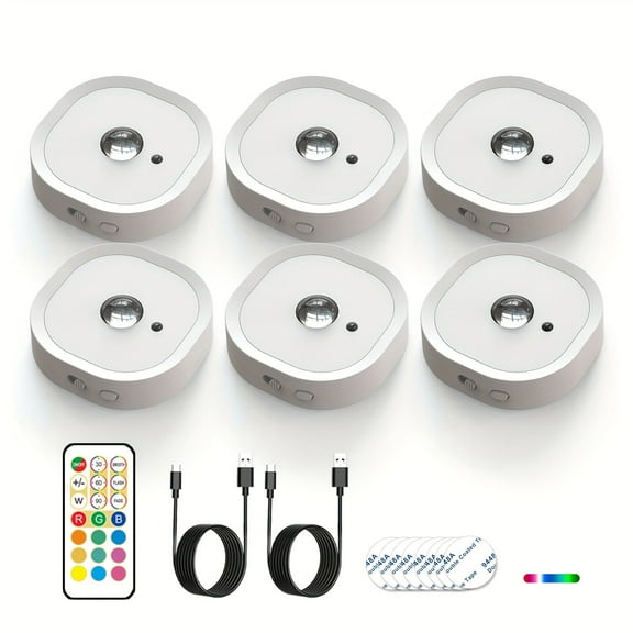 6-Pack White Punk Lights with Remote Control, RGB 13 Colors Dimmable, Kitchen Night Lights, Battery Powered Sensor Lights for Walls, Closets, Cabinets, Stairs