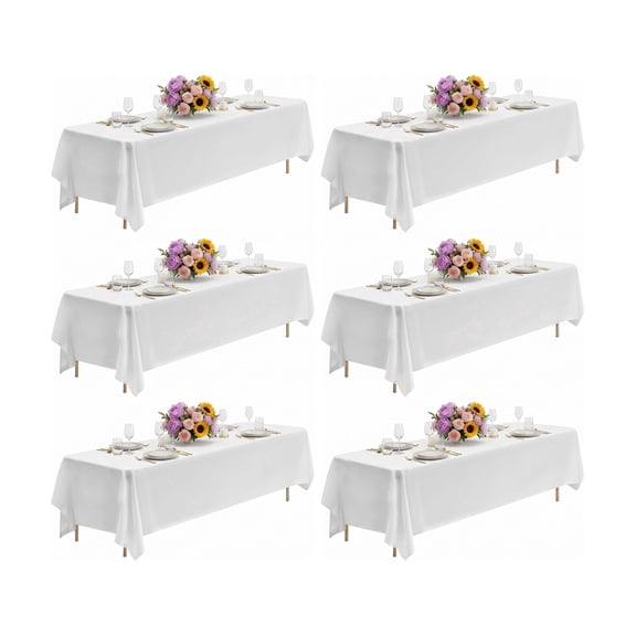 6-Pack White Rectangle Tablecloths 90x132 Inch, Polyester Fabric for 8 ft Tables, Wrinkle Resistant & Washable for Weddings & Banquets