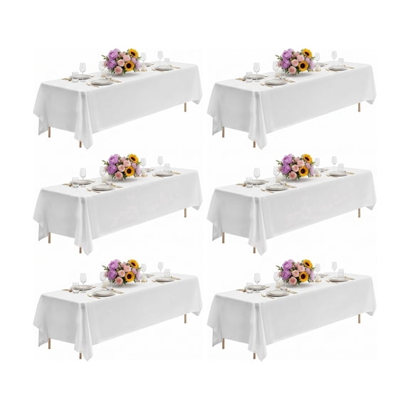6-Pack White Rectangle Tablecloths 90x132 Inch, Polyester Fabric for 8 ft Tables, Wrinkle Resistant & Washable for Weddings & Banquets