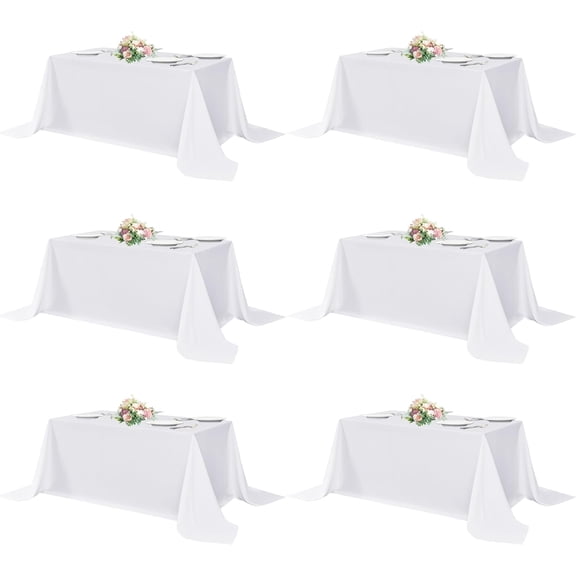 6-Pack White Rectangle Tablecloths 90x156 Inch, Polyester Fabric for 8 ft Tables, Wrinkle Resistant & Washable for Weddings & Banquets
