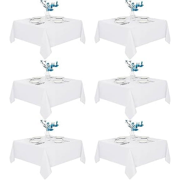 6 Pack White Square Tablecloths - 70 x 70 Inches - Stain Resistant and Reusable Table Clothes, Polyester Fabric Table Covers for Dining, Card Tables, Coffee Tables