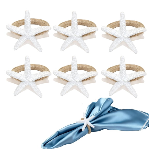 6-Pack White Starfish Napkin Rings, Coastal Beach Theme Decor for Wedding,Birthday Party, Banquet Table Settings,Nautical Summer Decorations