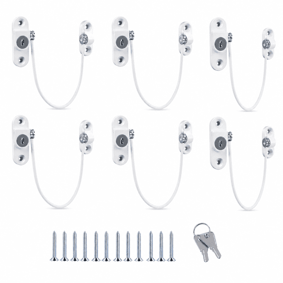 6-Pack White Cable Window Restrictor Locks with Keys for uPVC, Wood and Aluminum Casement Windows