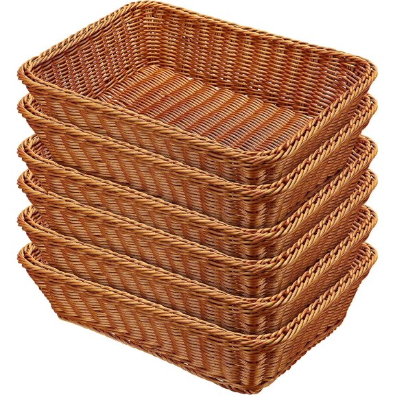 6 Pack Wicker Bread Baskets Woven Serving Basket for Gifts, Poly Wicker Storage Rectangle Rattan Display Trays for Bread Food Vegetables Fruit Snacks Tabletop Restaurant Home