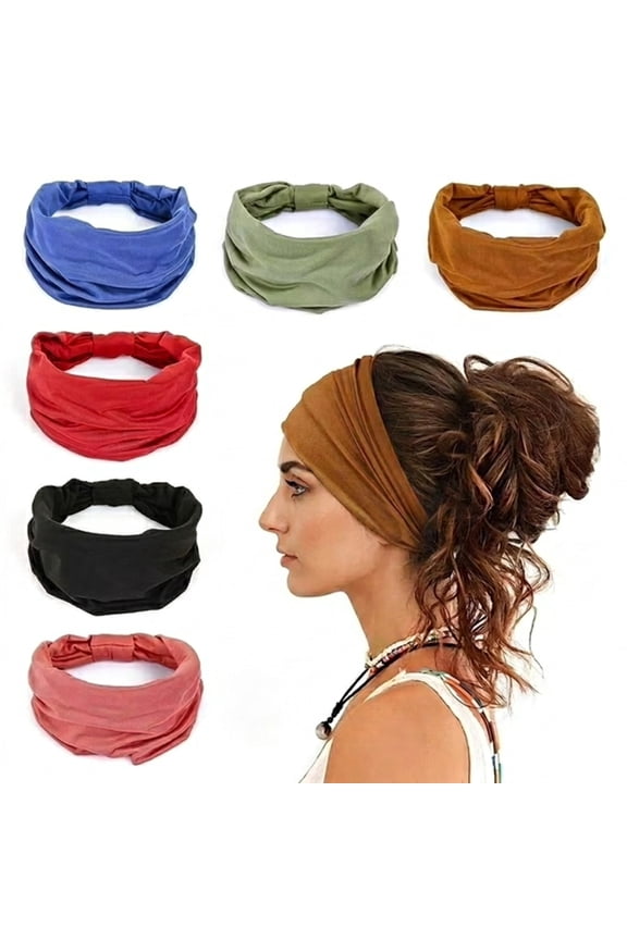 6 Pack Wide Headbands for Women Non Slip Soft Elastic Hair Bands Yoga Running Sports Workout Gym Head Wraps, Knotted Cotton Cloth African Turbans Bandana