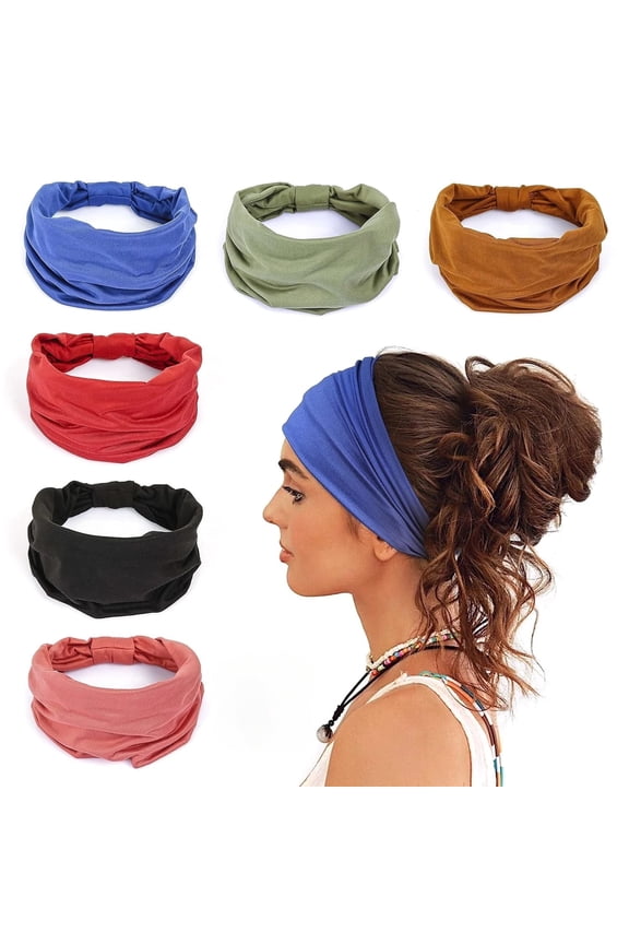 6 Pack Wide Headbands for Women Non Slip Soft Elastic Hair Bands Yoga Running Sports Workout Gym Head Wraps, Knotted Cotton Cloth African Turbans Bandana