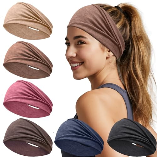 6 Pack Wide Headbands for Women - No Slip Hair Bands for Sports Yoga Workout Running Daily Use, Soft Stretchy Elastic Sweat Wicking Head Wraps Hair Accessories