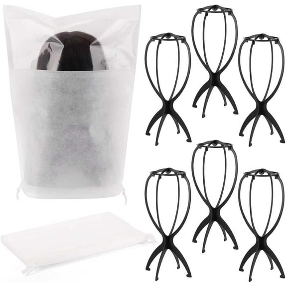 6 Pack Wig Stand With 6 count Wig Dust Bag,Wig Stand for Women Multiple Wigs Styling and Travel,Black