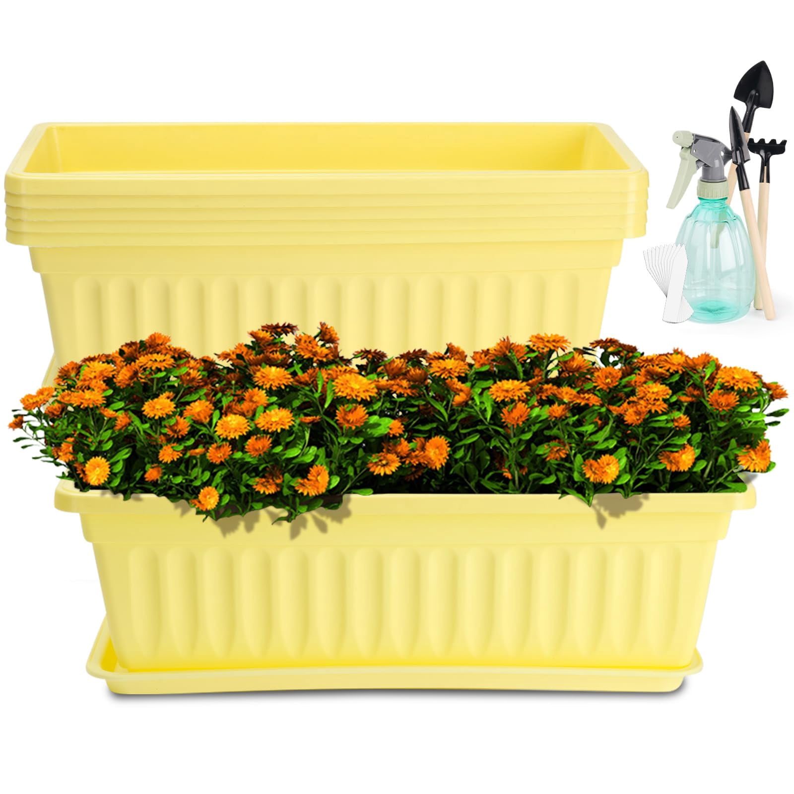 6 Pack Window Box Planter 17 Inch Vegetable Flower Plastic Planters with Tray Rectangular Indoor Outdoor Flower Pots for Windowsill Patio Porch Garden