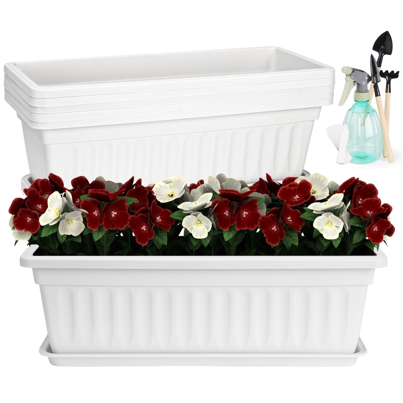 6 Pack Window Box Planter 17 Inch Vegetable Flower Plastic Planters with Tray Rectangular Indoor Outdoor Flower Pots for Windowsill Patio Porch Garden