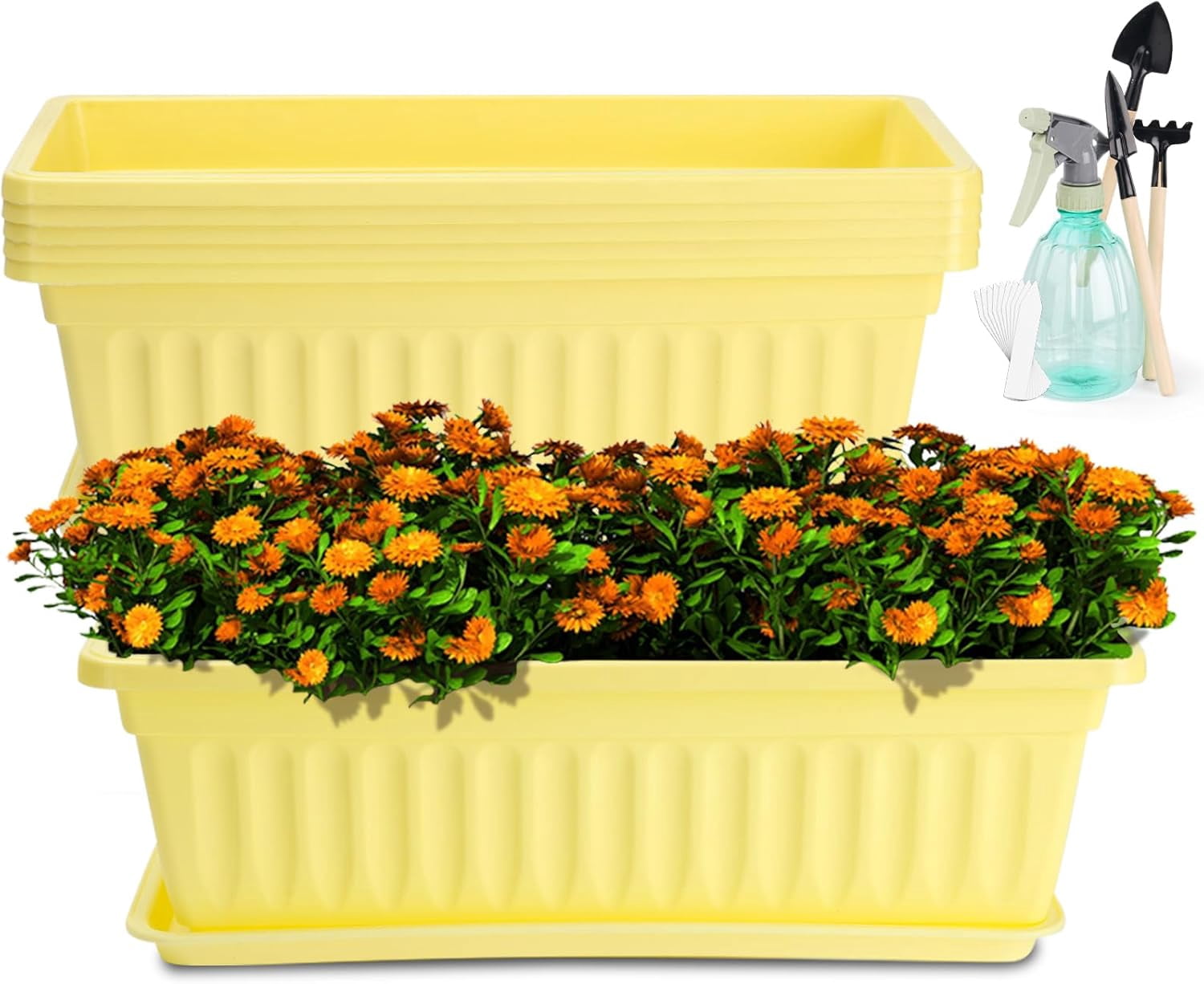 6 Pack Window Box Planter, 17 Inches Vegetable Flower Plastic Planter Boxes with Tray, Rectangular Planter Indoor and Outdoor Flower Pots for Windowsill, Patio, Porch, Garden Balcony, Yellow