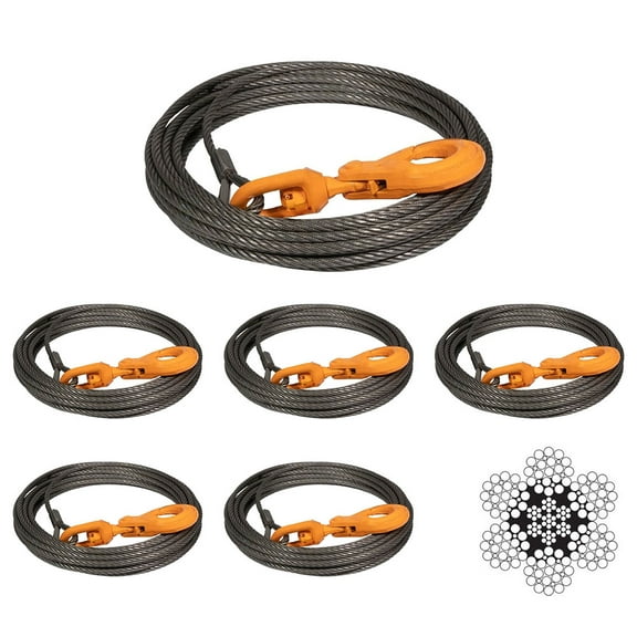 (6 Pack) Wire Rope Steel Core Winch Cable 3/8" x 100' Self-Locking Swivel Hook Towing Wrecker Roll Back, 14,400 lbs Breaking Strength