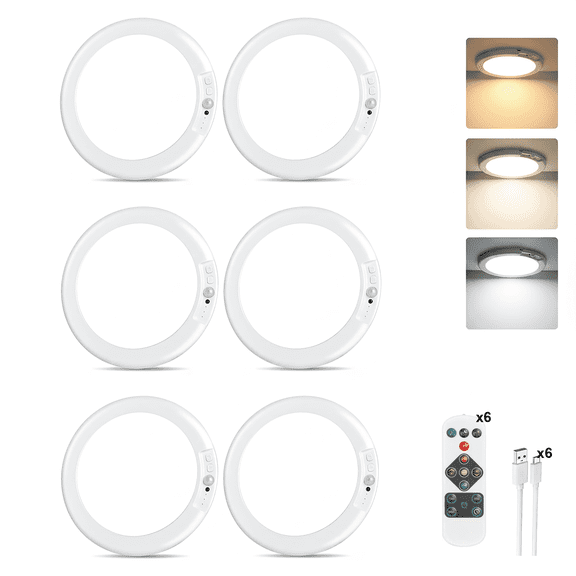 6-Pack Wireless LED Ceiling Light, Rechargeable Ceiling Light whit Motion Sensor Support 3 Color Temp for Storage Room, Garage, Bathroom, Stairs, Doorway