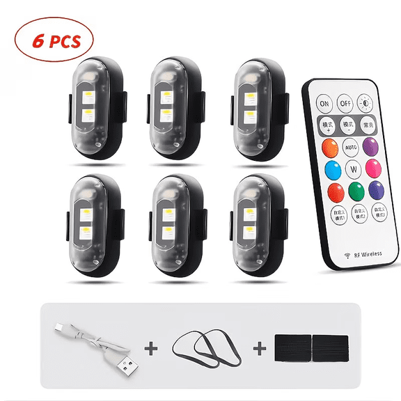 6-Pack Wireless LED Light Strips - 8-Color High Brightness, Remote Control, USB Rechargeable & Waterproof for Cars, Drones, Motorcycles, Bikes