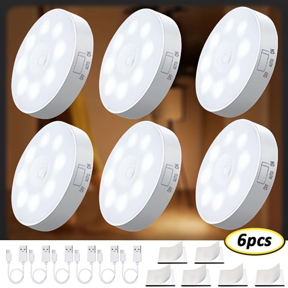 6-Pack Wireless Motion & Light Activated LED Step Lights, 1000mAh USB Rechargeable, PVC Shade, Safety Night Light for Staircase Bedroom Cabinet, Housewarming Gift