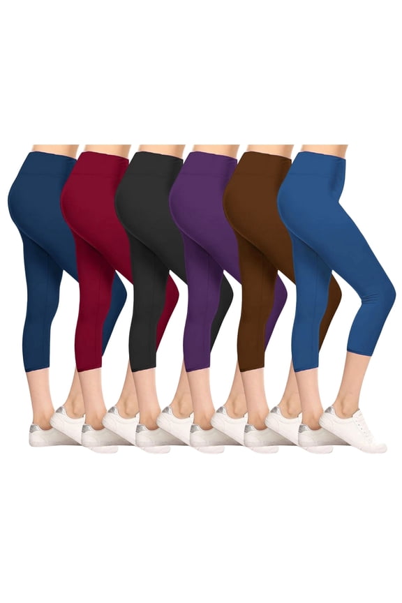 6-Pack Women's Capri Leggings Buttery Soft High-Waist Yoga Pants, Stretch Workout & Lounge Tights for Gym, Running, Fitness