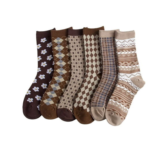 6-Pack Women's Fashion Crew Socks - Assorted Plaid Floral Striped Pattern, Stretchy Soft Comfort Everyday Socks