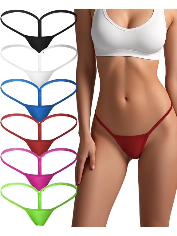 6 Pack Women's Low Rise Cotton Stretch G-String Thongs, Micro Sexy Comfortable Ladies Panties