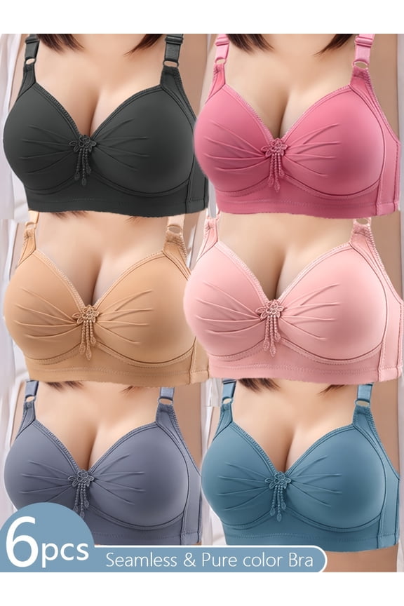 6-Pack Women's Wireless Seamless Push-Up Bras - Elegant Ruffle Detail, Non-Removable Padded, Solid Color Comfort Everyday Bra, No Underwire Full Coverage Soft Bralette for Daily Wear