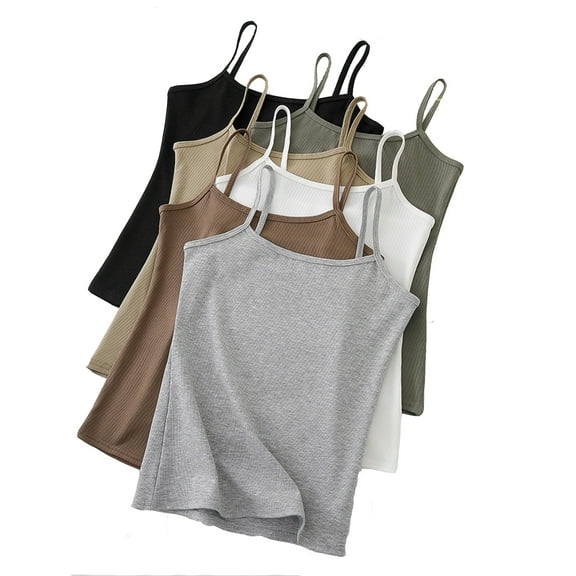 6-Pack Womens Basic Camisole Undershirts Spaghetti Strap Casual Sleeveless Shirts Summer Slimming Comfort Going Out Tops, Multicolor, L