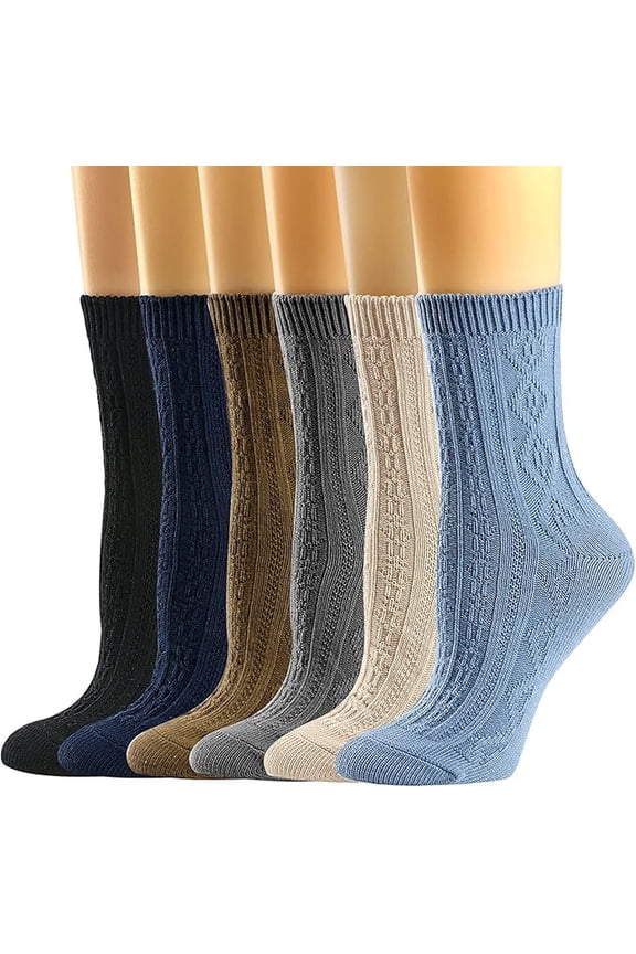 6 Pack Womens Crew Socks,Size 6-11,Casual Knit Cotton Comfy Breathable Cool Dress Socks for Women On Birthday Valentine's Day Christmas Gift (blue+beige+dark grey++camel+navy+black)