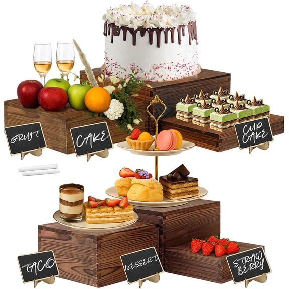 6-Pack Wood Risers Display Stands, Multi-Height Food Risers for Buffet Table, Rustic Wooden Cake & Cup for Party, Birthday, Wedding, Halloween Decor