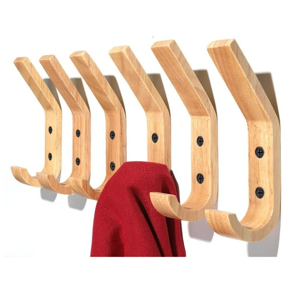 6 Pack Wooden Coat Hooks Wall Hooks, Natural Oak Wood Hooks Decorative Vintage Wood Wall Hooks Organizer Heavy Duty Wall Mounted Hooks for Hanging Coats, Key, Cap, Cup