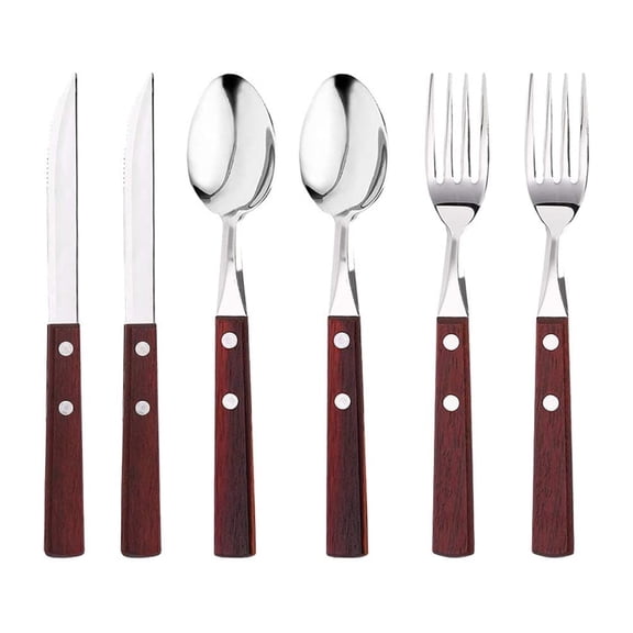 6-Pack Wooden Handle Stainless Steel Cutlery Set Forks Spoons Knives Flatware Set