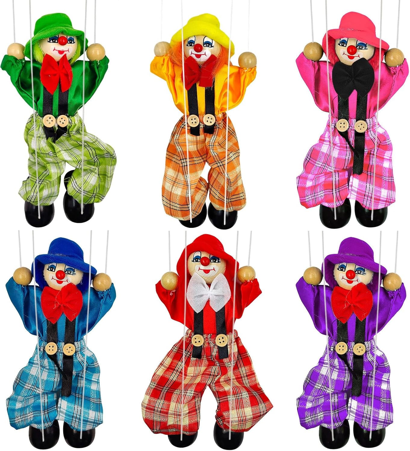 6 Pack Wooden Marionette Puppets Clown Pull String Puppets Movable ...