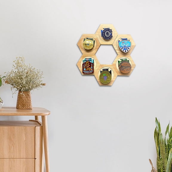6Pack Wooden Medal Display Stands with Adhesive Backing Hexagon Modular Medal Holder Set for Wall Mount, No Drilling, Easy Install Stylish Sports Award Display