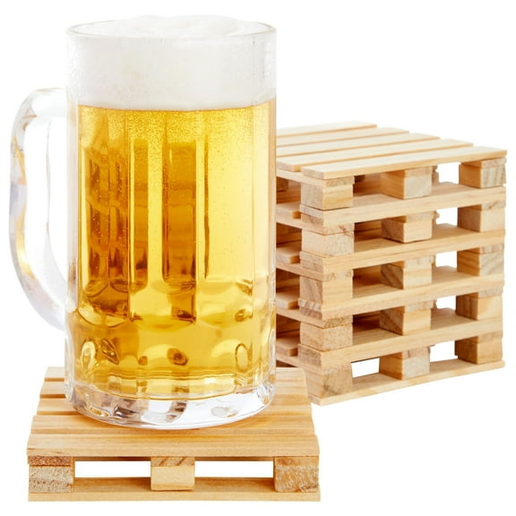 6 Pack Wooden Mini Pallet Coasters, Square, Wood Beer Coasters, Gifts for Men, Drink Holders, Stands for Hot and Cold Beverages, Unique Table Decor (3.9 x 3.9 In)
